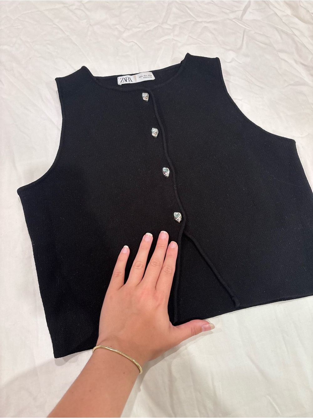 Zara Black Knit Silver Button Vest, semi cropped